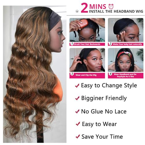 Headband Wig Human Hair Highlight Ombre Body Wave Headband Wig 30 Inch #4/27 Honey Blonde Brazilian Glueless Wig None Lace Front Wigs for Black Women 150% Density