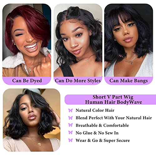 Xagujpo Body Wave V Part Wig Human Hair Upgrade U Part Human Hair Wigs for Black Women 100% Beginner Friendly No Sew In No Glue 180% Density Natural Color (8 inch)