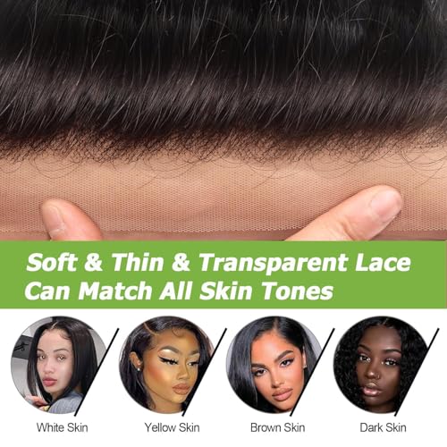 13x4 HD Lace Frontal Closure 12 Inch Deep Wave Lace Frontal Human Hair 100% Unprocessed Brazilian Virgin Hair Ear to Ear Swiss HD Transparent Lace Closure Culry Pre Plucked Free Part Natural Black