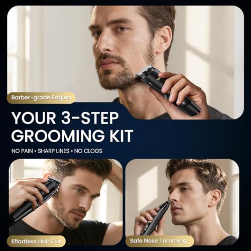 Ufree 3-in-1 Beard Trimmer Kit, Men's Electric Shaver Razor for Mustache Body Nose Facial Hair, Professional Hair Trimmer, Rechargeable Clippers, Waterproof Beard Grooming, Birthday Gifts for Men