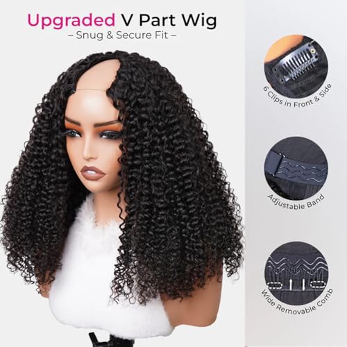 ISEE V Part Human Hair Afro Curly Minimal/No Leave Out Upgrade U Part for Black Women V Shape Kinky Curly Thin Part Glueless Clip In Half Wig 180% Density Natural Color 20 Inch