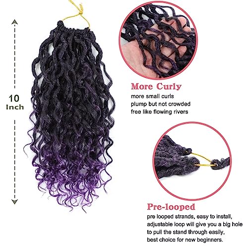 Purple River Locs Crochet Hair Black Women 8 Packs 10Inch Short Goddess Locs Crochet Hair Curly Faux Locs Hair Pre Looped Crochet Braids Hair Boho Hippie Locs Hair Extensions(#T1B/Purple 10inch)