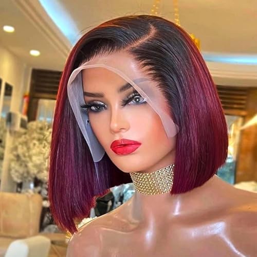 Blunt Cut Human Hair Straight #1B/99J burgundy 13X6 HD Transparent Lace Front Wig with Baby Hair 100% Virgin Glueless Brazilian Remy 150% Density for Black Women 12 Inch