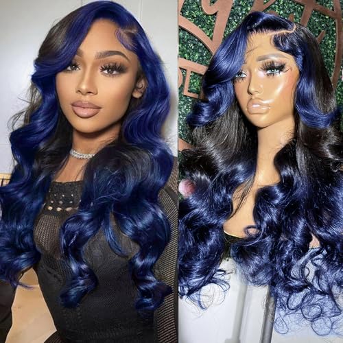 YMS Ombre Blue Wigs Human Hair 180% Density Dark Blue Body Wave HD Lace Front Wigs for Women 26 Inch Highlight Blue Skunk Stripe Glueless Wigs Pre Plucked