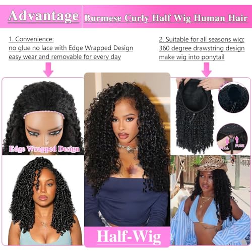 Burmese Curly Half Wig 18 Inch 200 Density Seamless Flip Over Wig Glueless Human Hair Curly 3 In 1 Half Wigs Wear and Go Drawstring Headband Wig for Women Beginner Friendly