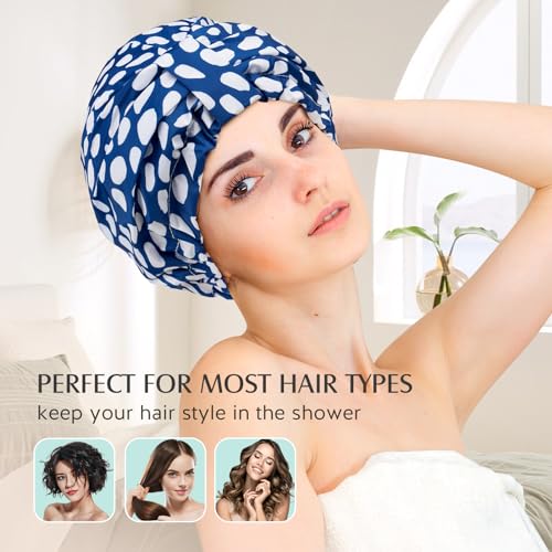 YFONG Reusable Shower Cap for Women, Waterproof & Durable Bath Cap with Double layer Lined, Adjustable Hair Cap for All Hair Lengths, Large Bathing Hat (blue)