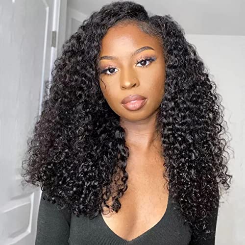 ISEE V Part Human Hair Afro Curly Minimal/No Leave Out Upgrade U Part for Black Women V Shape Kinky Curly Thin Part Glueless Clip In Half Wig 180% Density Natural Color 20 Inch
