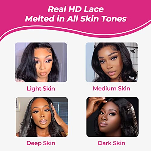 13x4 Skinlike REAL HD Lace Frontal Only, 0.1mm Ultra-thin Body Wave Baby Hair Pre Plucked Swiss HD Lace Frontals Melted Virgin Human Hair Natural Black 20 Inch