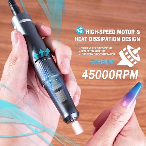 Pinkiou Electric Nail Drill Professional,45000 RPM Cordless Nail Drill,Rechargeable Nail File Filer for Acrylic Nails Gel Polishing,Portable Nail File with 11 Bits,Manicure Tool for Home Salon Use