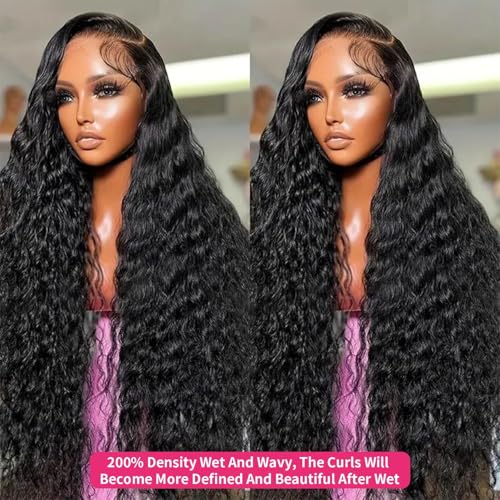 30 Inch Water Wave Lace Front Wigs Human Hair 13x6 HD Full Lace Frontal Wigs 200 Density Pre Plucked Wet and Wavy Glueless Deep Curly Human Hair Wigs for Black Women Natural Black