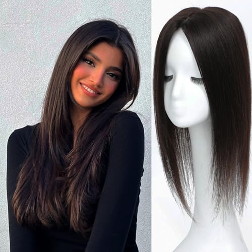 Hair Toppers for Women Real Human Hair, 360¡Æ 3D Human with Thinning Upgrade Middle Part Clip in Bangs Topper Hair Pieces for Women Daily(Medium Dark Brown, 18 Inch-3D-Side)