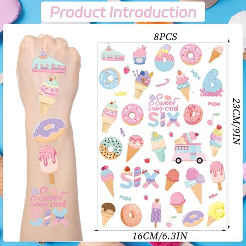 Sweet Doughnut Tattoos Temporary - 200+ Sassy and Six Birthday Decorations Sweet Ice Cream Fake Tattoo Stickers Happy 6th Birthday Donut Themed Party Decoration Favors Supplies Prizes Gifts
