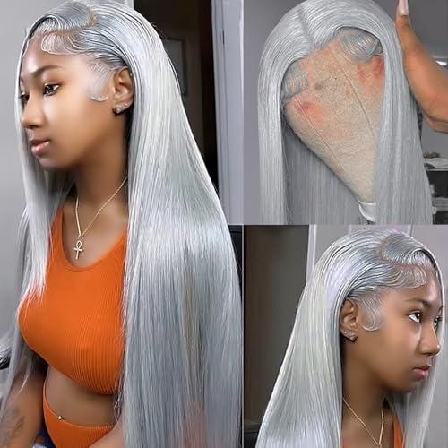 Grey Lace Front Wig 13x6 Silver Grey Wig Human Hair Pre Plucked Straight Lace Front Wigs Human Hair 22 Inch Glueless HD Lace Frontal Wigs Colored
