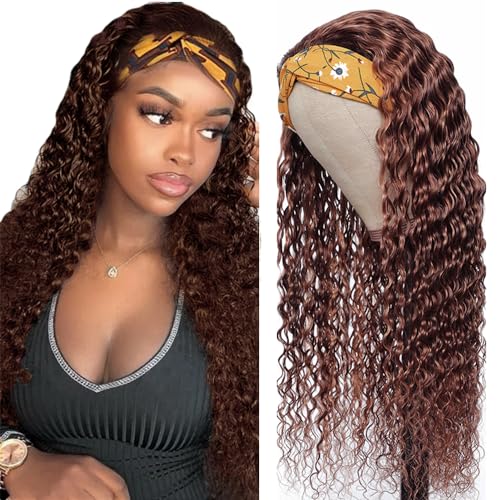 28 Inch #4 Chocolate Brown Headband Wig Human Hair 150% Density Grade 8A Unprocessed Brazilian Virgin Hairs Machine Made Brown Deep Wave Headband Wig Human Hair None Lace Front Wig