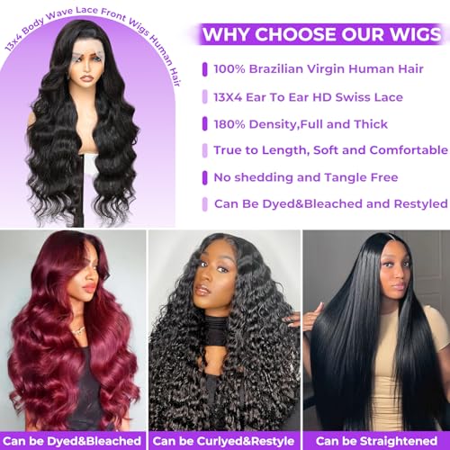 Body Wave Lace Front Wigs Human Hair 13x4 HD Lace Frontal Body Wave Human Hair Wig for Women 180% Density Brazilian Virgin Hair Pre Plucked Glueless Body Wave Wig Natural Black 32inch