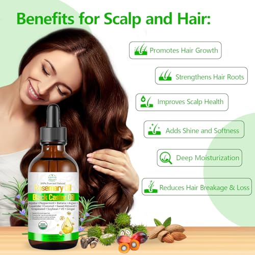 Organic Rosemary Oil for Hair Growth, Rosemary Oils with Castor ? USDA Certified Cold Pressed Blend Hair Oil for Thicker, Fuller Hair, Soothe Itchy Scalp & Repair Damaged Hair ? 4 fl oz