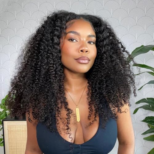 Kinky Curly V Part Wig Human Hair Glueless Clip In 100% Real Human Hair Curly V part Wigs No Glue No Sew In Upgrade U Part Wig For Beginners Friendly 200 Density 24 Inch
