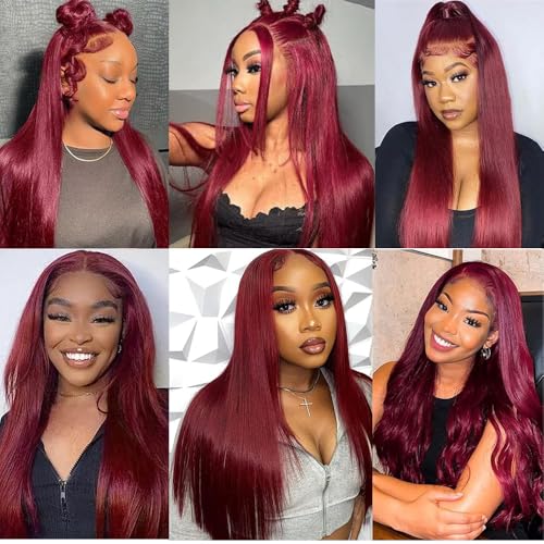 Burgundy Straight Lace Front Wigs Human Hair 13X6.5 Burgundy Wig Human Hair 250% Density Straight HD Lace Front Wigs for Women Glueless Wigs Human Hair (28 inch, 99j)