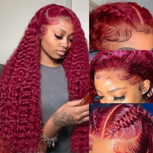30 Inch Burgundy Wig Human Hair 99j Burgundy 13x6 Deep Wave Lace Front Wigs Human Hair Pre Plucked HD Transparent Lace Frontal Wigs for Black Women Red Colored Wig