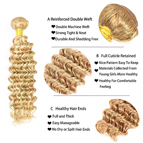 P27/613 Highlight Blonde Bundles Human Hair Deep Wave Bundles 12 14 16 Inch Honey Blonde Deep Wave Bundle Unprocessed Brazilian Virgin Weave Hair 3 Bundle 50 Gram Per Bundle