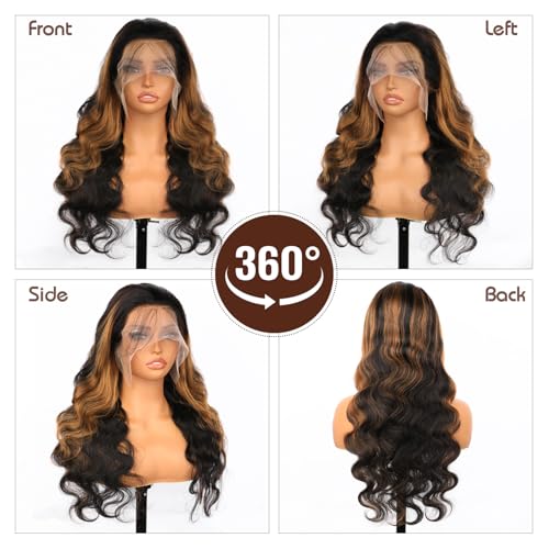 Ombre Lace Front Wig Human Hair 1B/30 Highlight Body Wave Lace Front Wigs Human Hair Colored 13x4 Brown Wig 180% Density Balayage Glueless HD Lace Frontal Wigs for Women 26 Inch