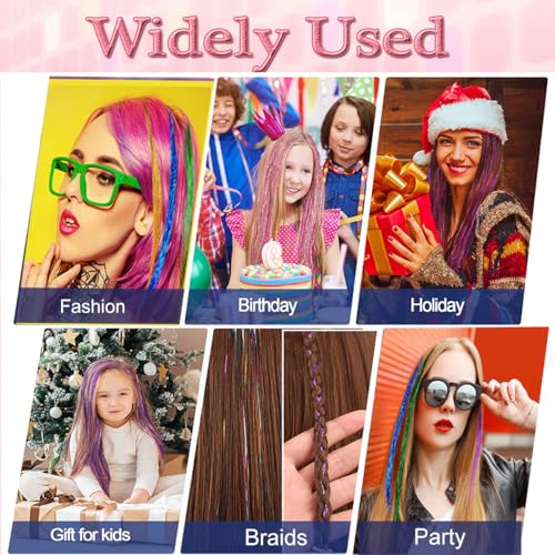 Hair Tinsel Tools Kit,Fairy Hair Strands for Women & Girls,Easy Apply Hair Highlights for Party, Festival & Daily Use (12 Colors+Tools, 47 Inches)