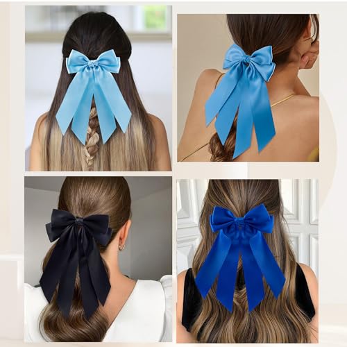 6Pcs Bow Hair Ties Non-Damage Ponytail Holders Hair Bows Ribbon for Women Fashion Bows Accessories for Girls Elastic Hair Bands(White/Blue/Black)