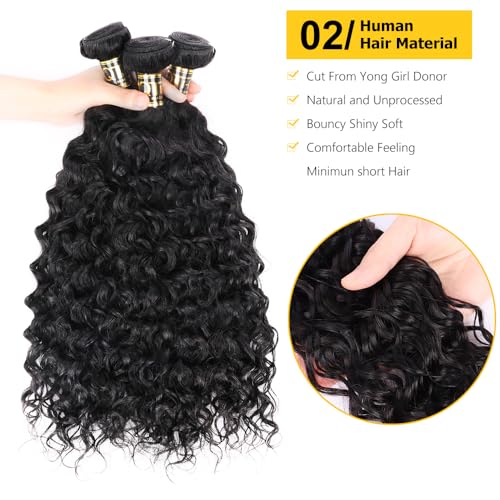 QTHAIR Water Wave Human Hair Bundles (Natural Black,20" 22" 24") Burmese Curly 16A 100% Unprocessed Brazilian Virgin Human Hair Weave Wet and Wavy Bundles