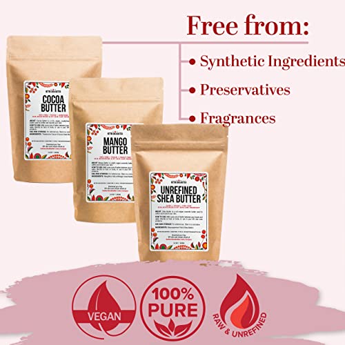 Better Shea Butter Set of Raw Shea Butter, Raw Mango Butter, Unrefined Cocoa Butter For Soap Making and DIY Body Butters, Lip Balms, Body Lotions - Each Butter is 16 oz Making 48 oz Total (3-Pack Set)