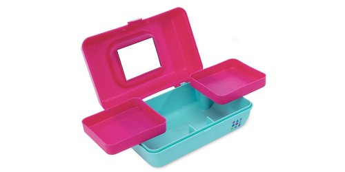 Caboodles Pretty In Petite - Social Butterfly Makeup Organizer | Compact Carrying Cosmetic Case, Hot Pink Lid & Blue Base