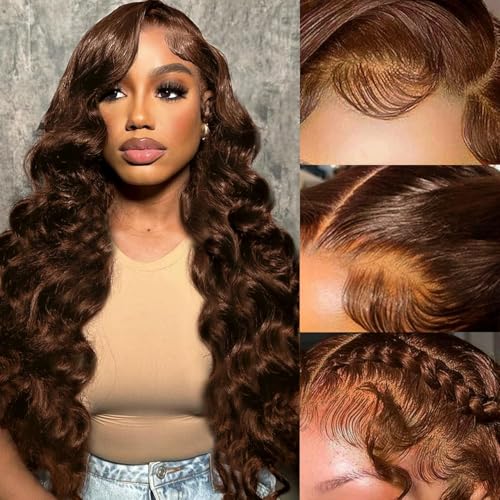 Chocolate Brown Lace Front Wigs human hair Pre Plucked with Baby Hair, 13x6 HD Body Wave Brown Lace Frontal Wigs Human Hair, 180 Density Colored Glueless Brown Wig Human Hair for Women 32inch