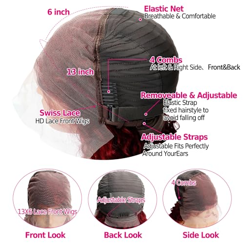 250% Density 99J Burgundy 13x6 Deep Wave HD Lace Front Wigs Human Hair for Women Glueless Burgundy Deep Curly Lace Frontal Wigs Brazilian Virgin Human Hair Wigs Pre Plucked with Baby Hair(#99j,22Inch)