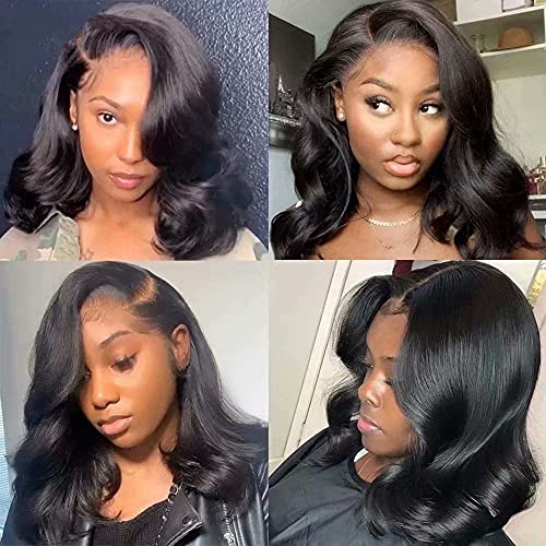 Body Wave Short Bob Human Hair Wig 13x6 HD Transparent Lace Front Human Hair Wig Brazilian Hair Natural Color 150% Density Short Wigs Ocean Wave Pre Plucked With Baby Hair For Women12Inch