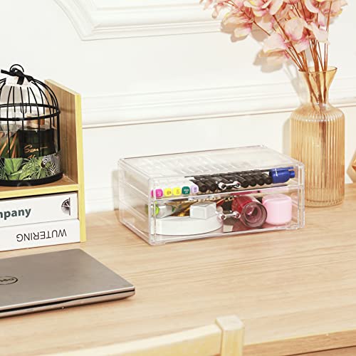 Cq acrylic 2 Pack Clear Stackable Storage Drawers for Vanity,Stackable 6 Drawers Desktop Organizer With Drawers,Cute Desk Storage for Office,Jewelry,Hair Clip,Beauty,Skincare and Make Up Organizers