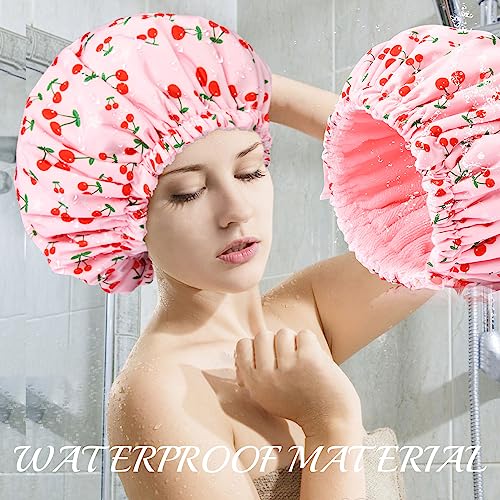 Shower Cap for Women Terry Lined Bath Cap Large Reusable Waterproof Elastic Band Pink Shower Caps for Long Thick Hair Soft Bath Shower Hair Caps