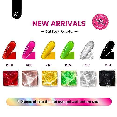 Beetles Gel Nail Polish Set, 6 Colors Silver Cat Eye Gel Polish Sheer Jelly Red Pink Yellow Green Black Neon Gel Translucent Glitter Effect with Magnet Soak Off UV Manicure Gifts for Women