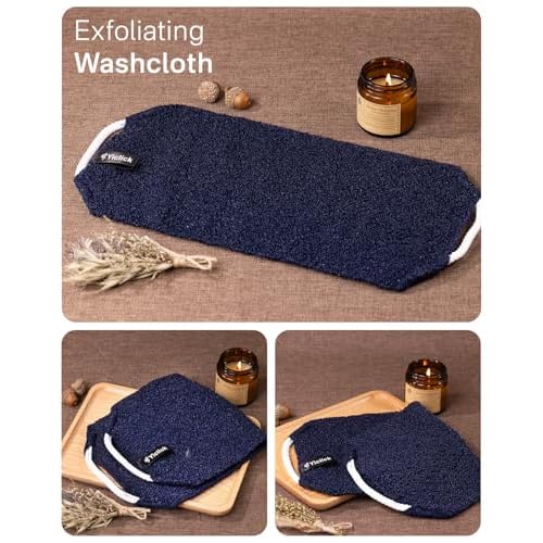 Yiclick Exfoliating Washcloth Towel with Handle, Back Scrubber for Shower, Exfoliating Body Scrubber Exfoliator, Japanese Wash Cloth for Body Scrub, Bath Sponge Loofah Luffa Washer Exfoliator