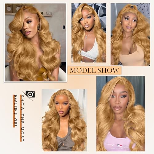 32 Inch 13x6 Honey Blonde Body Wave HD Lace Front Wigs Human Hair Pre Plucked Honey Blonde Wig Human Hair 27# Colored 200% Density Glueless Wigs for Women