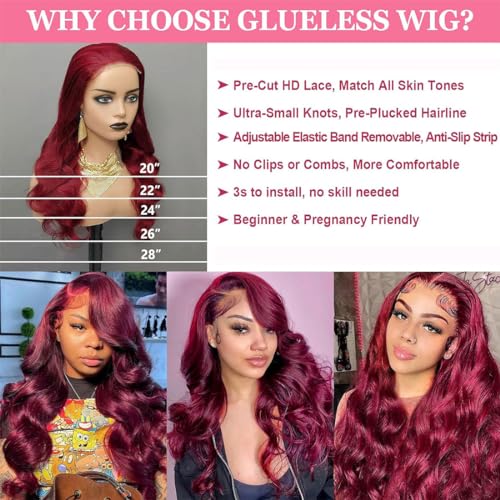 Burgundy Lace Closure Wigs 5X5 Body Wave Wear and Go Glueless Human Hair Wig Pre Plucked Pre Cut for Beginners 180 Density 99J Burgundy Lace Closure Wigs Human Hair No Glue Pre Cut Wig 28 Inch