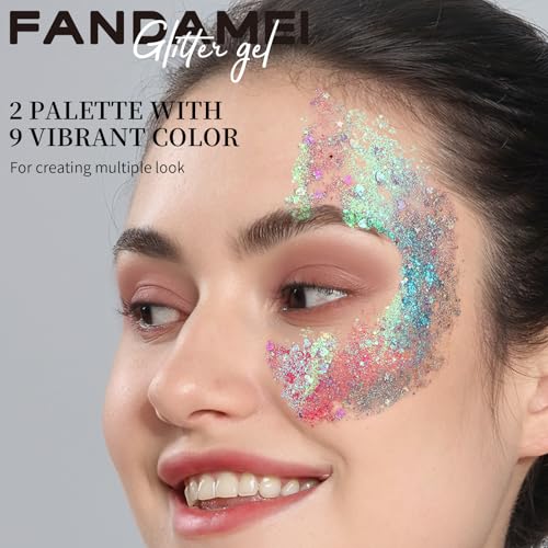 FANDAMEI Face Glitter, 2 PCS Face Glitter Gel 18 Grids, Body Hair Glitter for Kids Women for Makeup, Halloween Rave Concert Face Paint Glitter