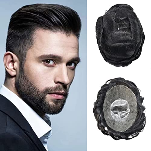 US Toupee For Men Full Poly Skin Hair Systems Real Human Hair Pieces Men Hair Replacement System Transparent Thin Skin Mens Toupee.(8''x10''-110% Light to Medium Density, 1# Jet Black)