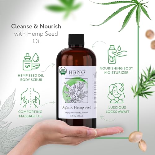 HBNO Organic Hemp Seed Oil -16 OZ (475ml) Value Size - Natural Hemp Oil, Cold Pressed - Perfect Carrier for Massage, Aromatherapy, Diy, Soap Making, Face, Body, Lips, Hair, Nails