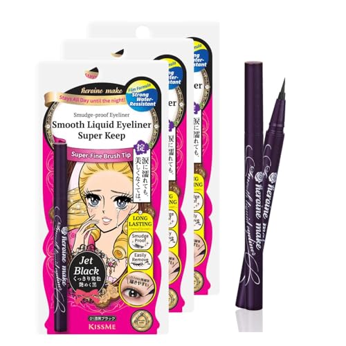 Heroine Make by KISSME Waterproof Eyeliner with Ultra-Fine 0.1mm Tip, Liquid Eyeliner Pen for Sensitive Skin, Cat Eye Liner for Long Lasting Wear, Made in Japan, Jet Black, 3 EA, SMOOTH