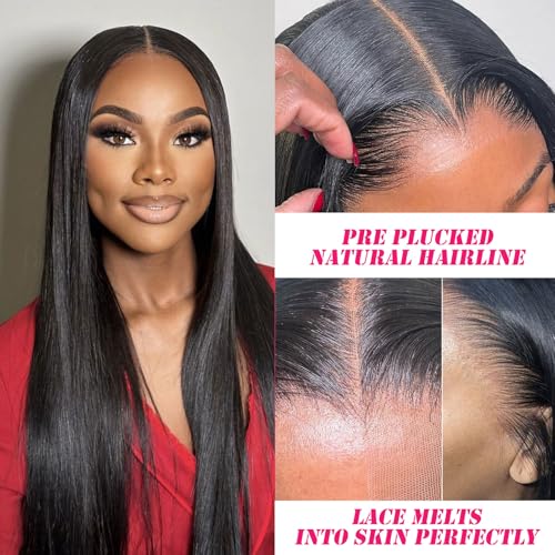 30 Inch Lace Front Wigs Human Hair Straight Wear and Go Glueless Wigs Human Hair Pre Plucked Pre Cut T Part HD Lace Front Wig 180% Density Black Layered Wig
