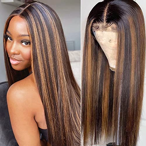 Brown Highlights Pre Plucked Lace Frontal Wigs Real Human Hair Wig Natural Hairline with Baby Hair 18 Inch Thicken Colored Ombre Balayage Brazilian Virgin Human Hair Lace Front Wig with Dark Roots