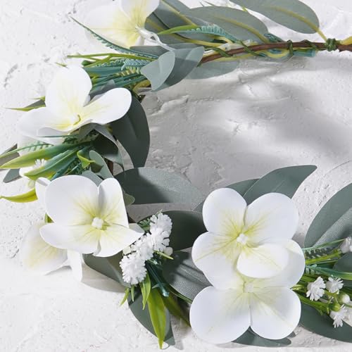 White Flower Crown Headband, Artificial Fairy Flower Headband with Green Leaf, Bridal Boho Floral Headpiece for Women Girls Maternity Birthday Wedding Festival Renaissance Hair Accessory