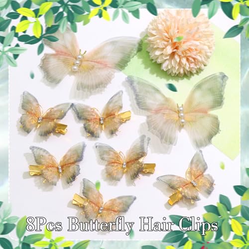 8Pcs Tulle Rhinestone Butterfly Hair Clips Moving Wings Butterflies Hair Barrettes for Girls Y2K Glitter Hairpins Cute Butterfly Claw Clips Fairy Accessories for Women Thick Thin Hair