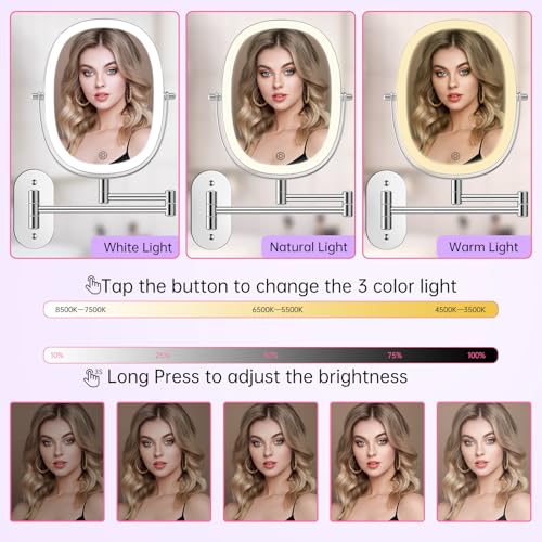 FUNTOUCH Rechargeable Wall Mounted Lighted Makeup Vanity Mirror, Double Sided 1X/7X Magnification, 3 Dimmable Light Settings, Extension Arm, Oval Frame, Ideal for Makeup