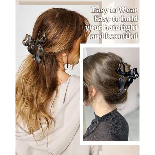 Mesovor 4 Pack Cute Bow Claw Clip for Women, Nonslip Large Matte Strong Hold Bows Hair Clips for Thin and Thick Hair | Chic Hair Styling Accessories (4.1" Black, Leopard)