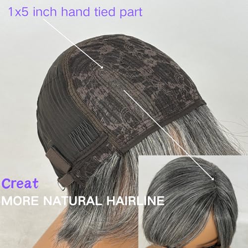 Salt and Pepper Pixie Cut Wigs Human Hair Short White Grey Pixie Cut Wigs Glueless Pixie Layered Lace Front Wig With Bangs Gray Straight Pixie Human Wear and Go Glueless Wig For Women